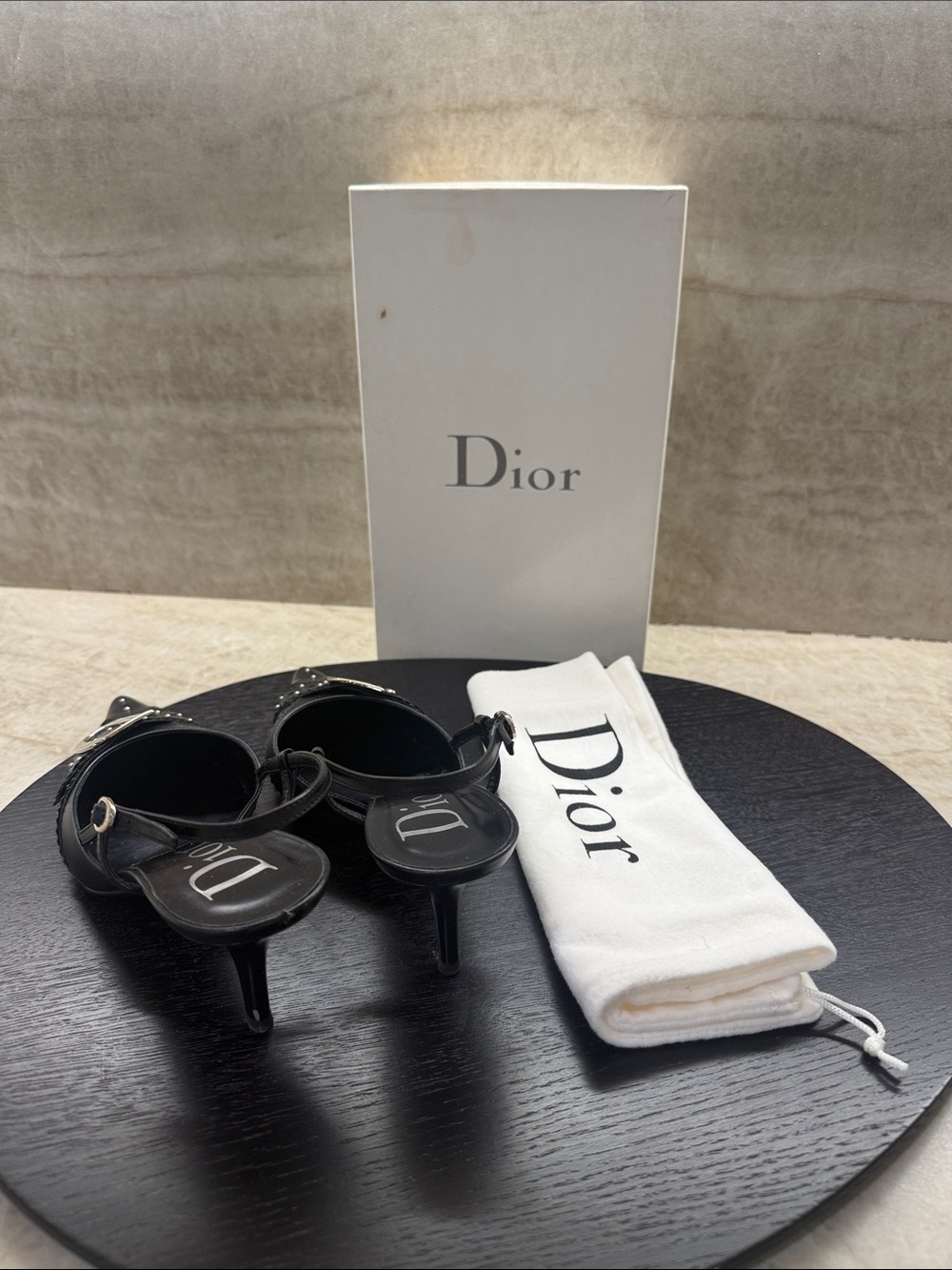 Dior Black Pointed Leather Slingback Heels with Silver D Buckle - Picture 2 of 3